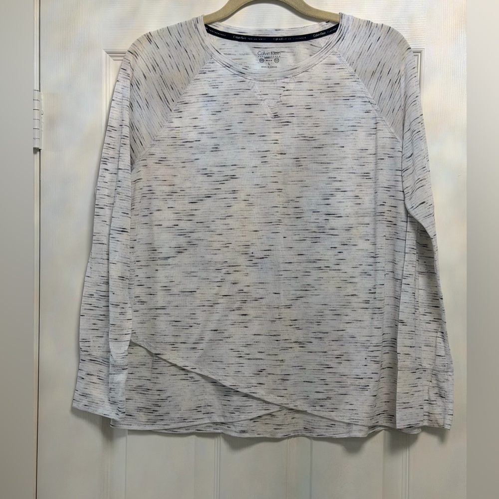 Calvin Klein Women's White Space-Dye Long Sleeve Tee with Heathered Detail